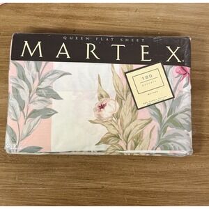 Martex Eternal Multi QUEEN FLAT Sheet 180 Percale Floral Stripe Pink Green VTG